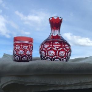 Vintage Bohemian Czech glass red cut to clear carafe decanter wit…